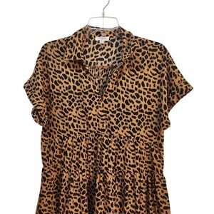 Umgee USA Leopard Print Tiered Mini Babydoll Dress Short Sleeve Collared Size S‎